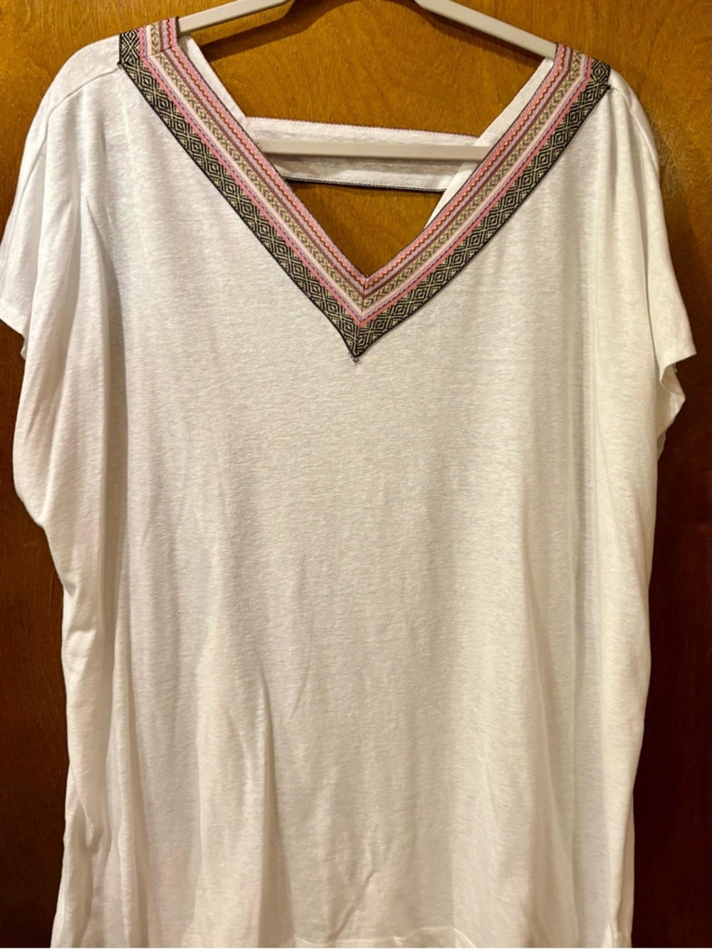 Cato White V-Neck Top with Pink & Black Embroidered Trim - Picture 3 of 6
